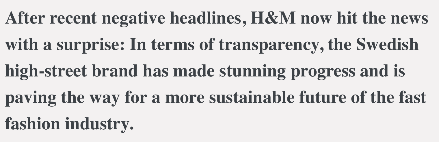 nadpis článku pojednávající o umístění H&M na prvním místěv transparency indexu